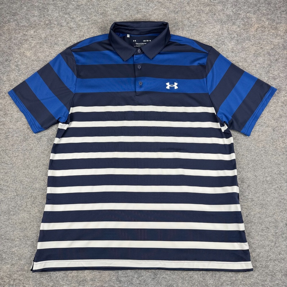 Under Armour The Playoff Polo Shirt Striped Polyester Stretch Blue‎ Mens Large L